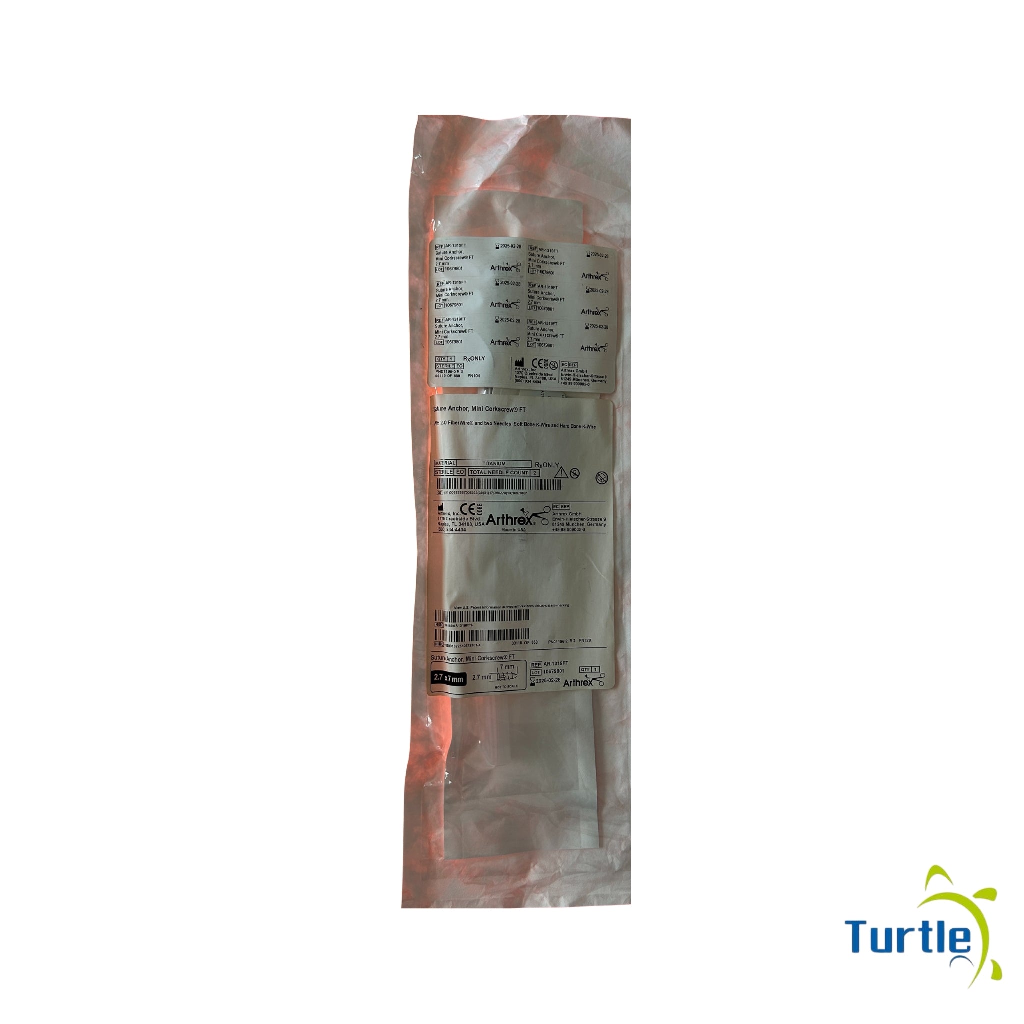 Arthrex Suture Anchor Mini Corkscrew FT - With 2-0 FiberWire and two Needles Soft Bone K-Wire and Hard Bone K-Wire - TITANIUM - 2.7 x7mm - 2025-02-28