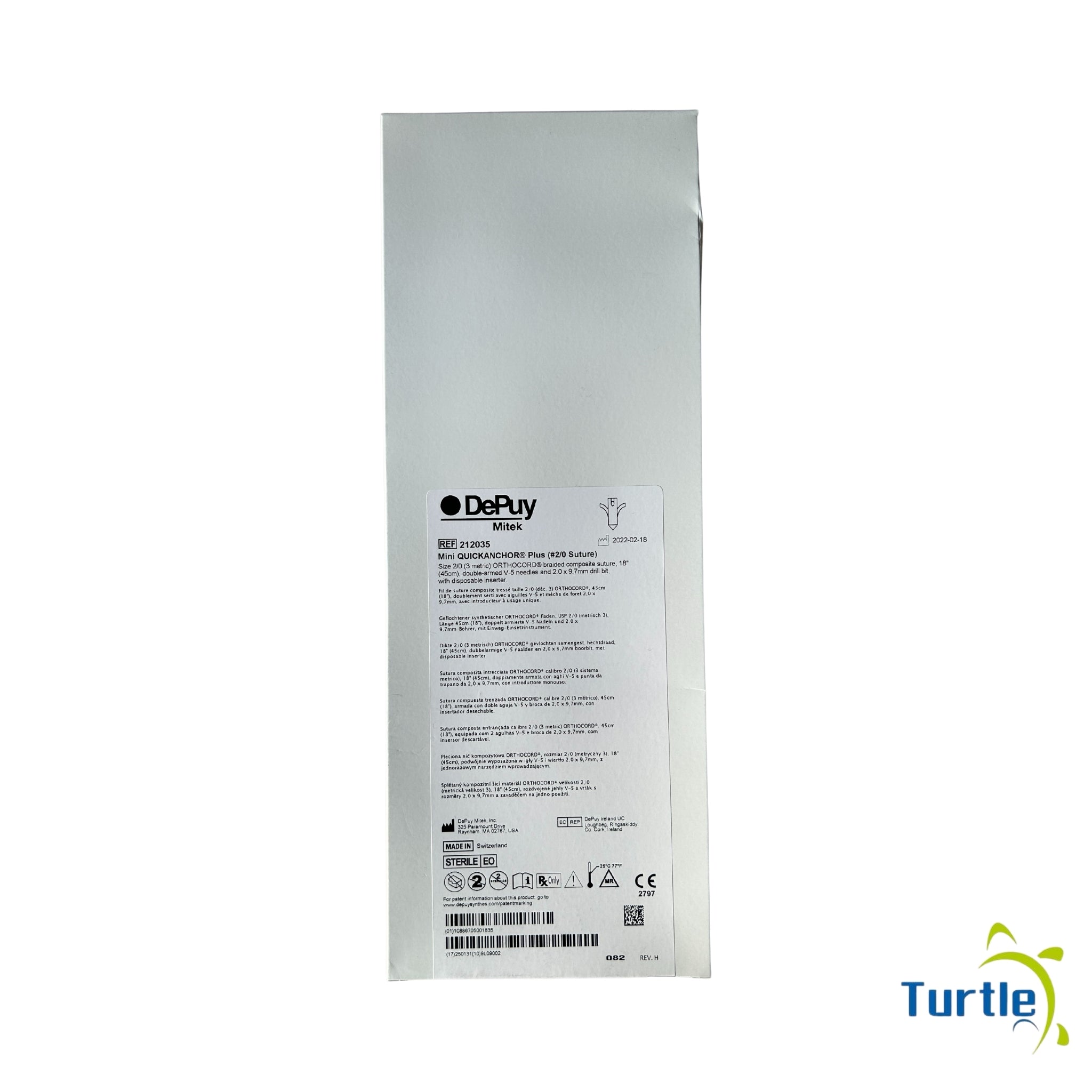 DePuy Mitek Mini QUICKANCHOR Plus (#2/0 Suture) Size 2/0 (3 metric) ORTHOCORD braided composite suture - double-armed V-5 needles - 2025-01-31