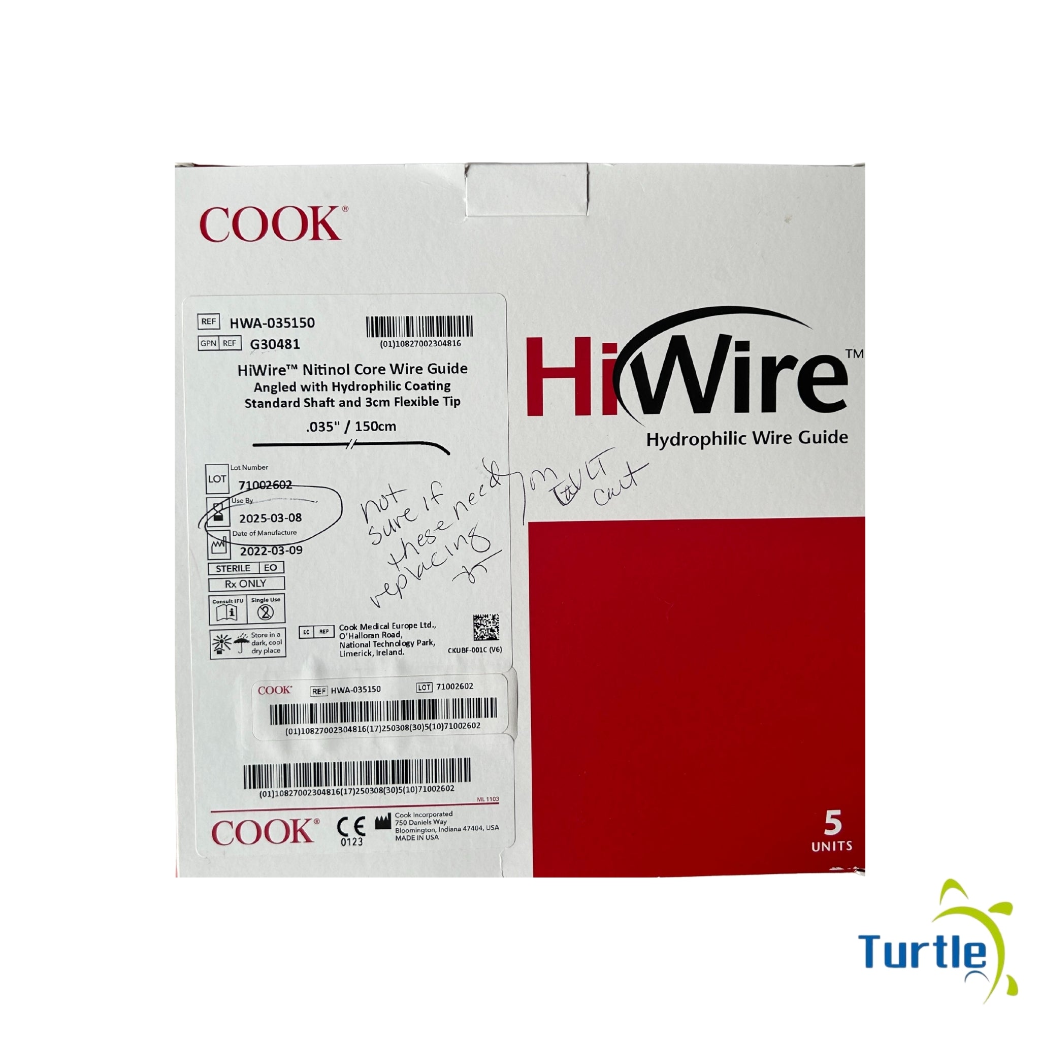 COOK HiWire Hydrophilic Wire Guide HiWire Nitinol Core Wire Guide Angled with Hydrophilic Coating Standard Shaft and 3cm BOX OF 5 Flexible Tip - 2025-03-08