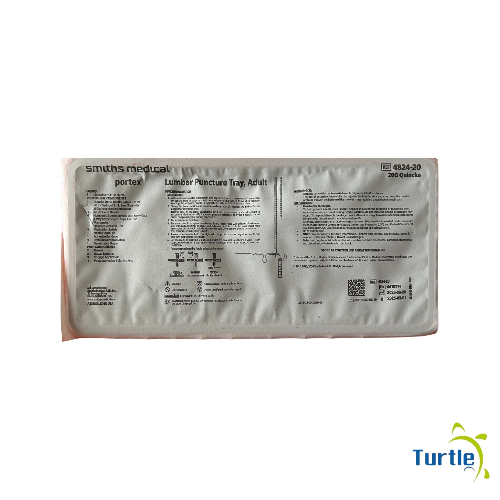 Smiths medical portex - Lumbar Puncture Tray, Adult - 20G Quincke - Lidocaine HCI(1%) 5mL - 2025-03-01