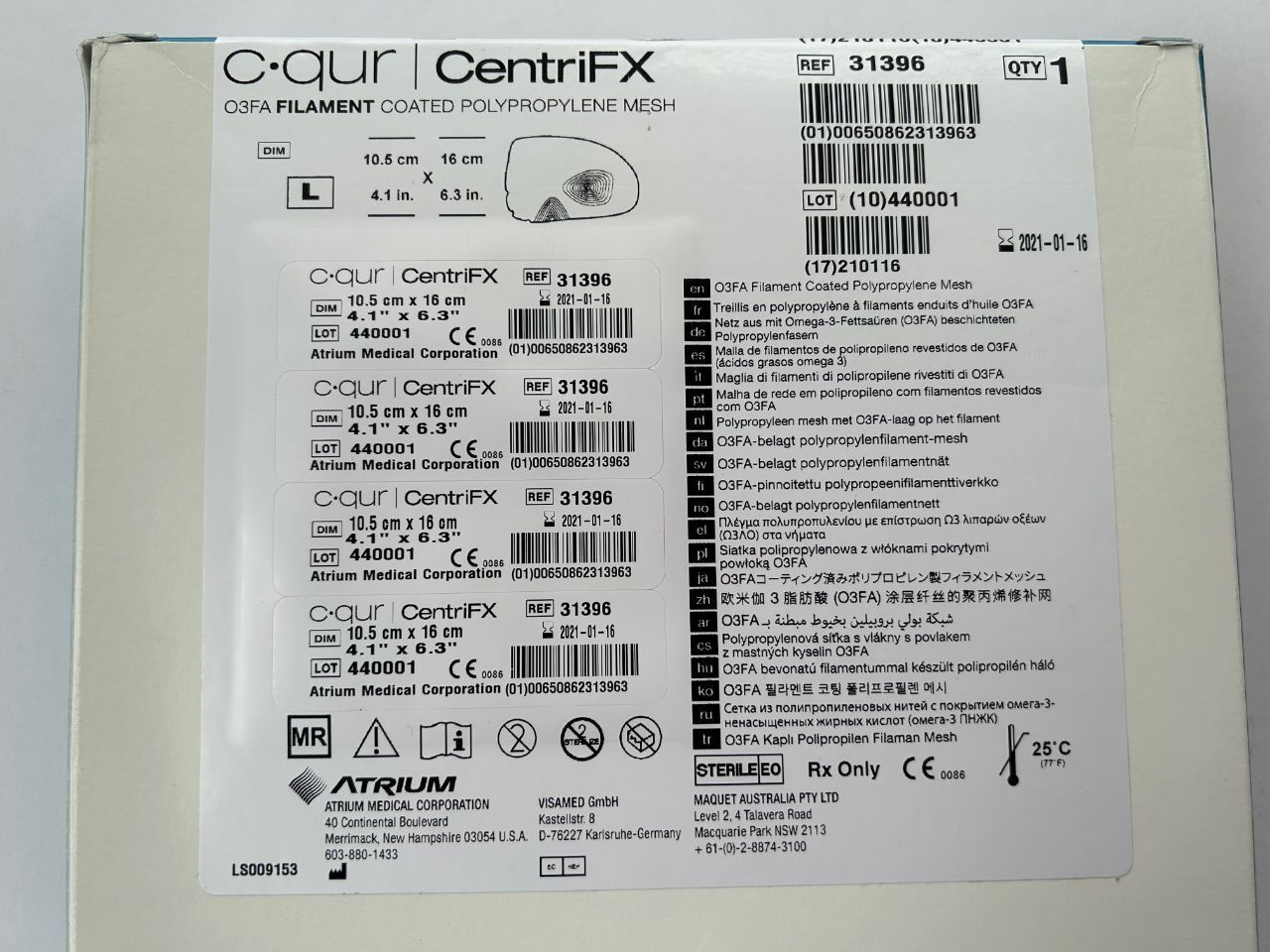 ATRIUM C qur CentriFX O3FA FILAMENT COATED POLYPROPYLENE MESH 12 cm x 17 cm REF: 31397