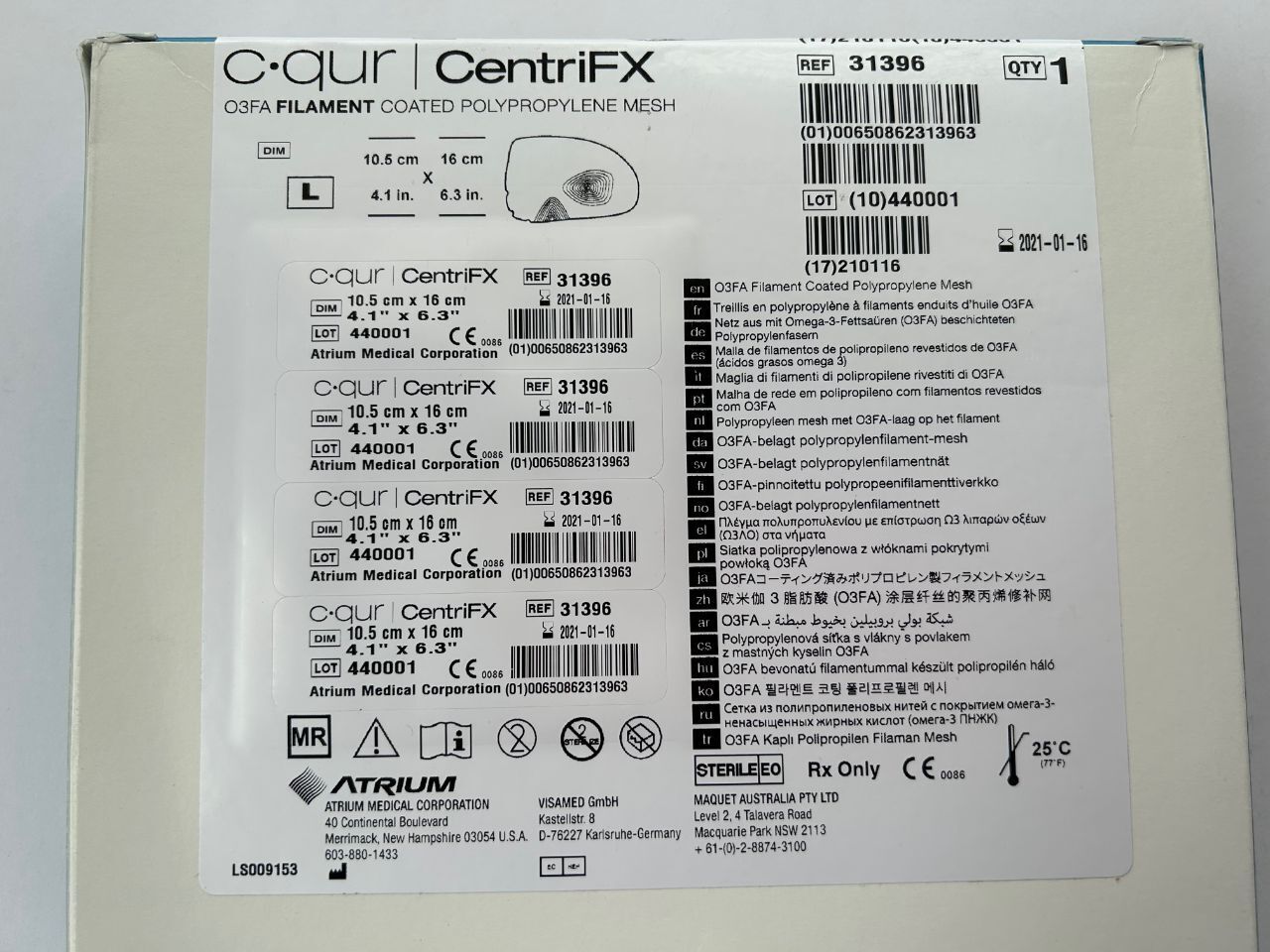 ATRIUM C qur  CentriFX O3FA FILAMENT COATED POLYPROPYLENE MESH 12 cm x 17 cm REF: 31397