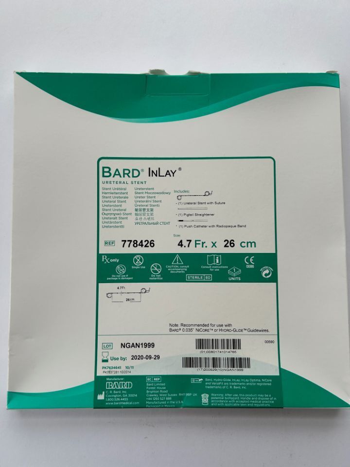BARD InLay Ureteral Stent 4.7 Fr. X 26 cm REF: 778426 DATE: 2020-09-29