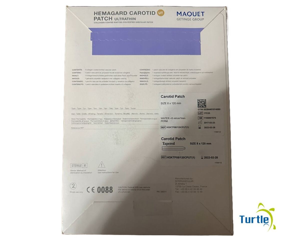 MAQUET HEMAGARD CAROTID PATCH ULTRATHIN COLLAGEN COATED KNITTED POLYESTER VASCULAR PATCH REF HGKTP08/120CPUT(1) EXPIRED 2022