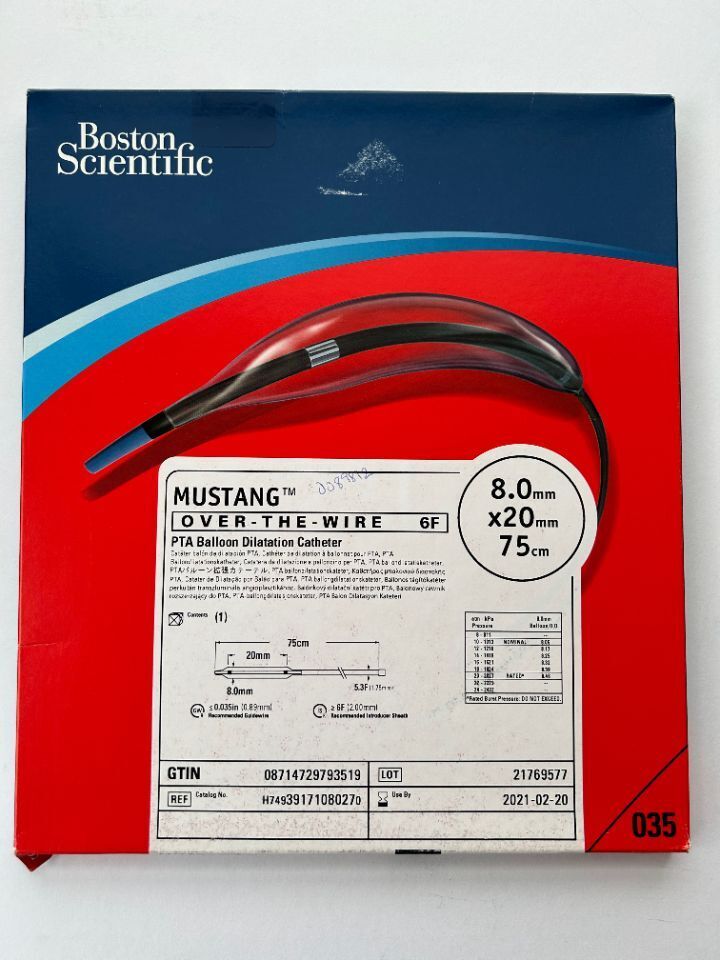 Boston Scientific MUSTANG  Over-The-Wire 6F PTA Balloon Dilatation Catheter 8.0mm x 20mm x 75cm REF: H74939171080270