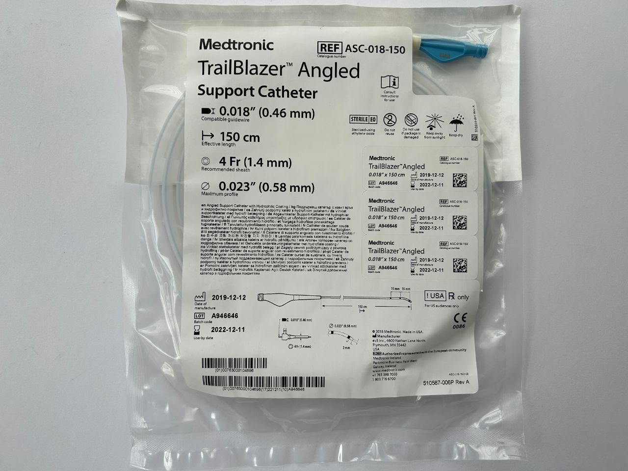 Medtronic TrailBlazer Angled Support Catheter 0.018 (0.46 mm) 150 cm 4 Fr REF: ASC-018-150 DATE: 2022-12-11